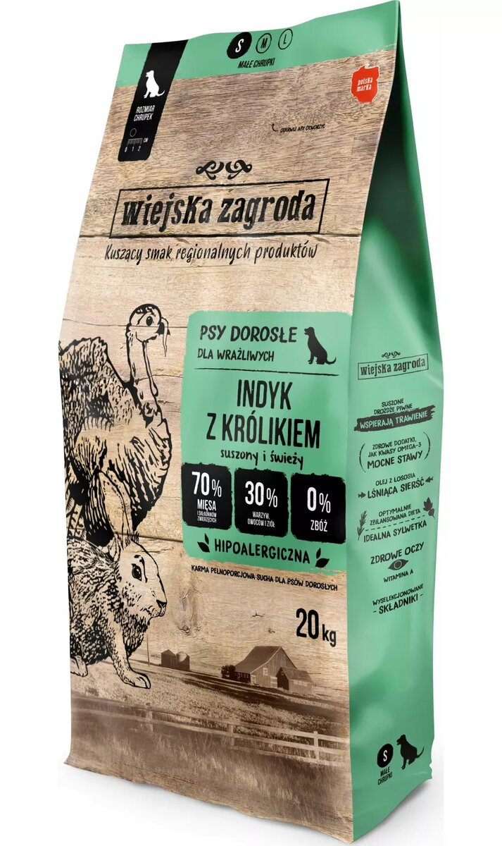 Sausa suņu barība wiejskazagroda Pieaugušajiem Tītara