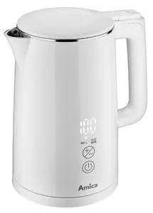 Digital electric kettle Amica KF 6011 with 1.5 L capacity, 2200 W power, white plastic housing, water level indicator, and keep warm function