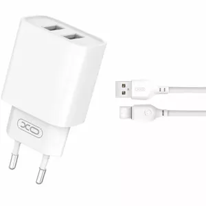 USB charger XO CE02C with 2x USB ports and integrated 1m Type‑C cable, 2.1A output