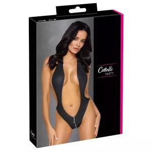 Body with collar cottelli collection S/M Black — open-front halter body, zip at front, exposed back and butt, 90% polyester 10% spandex