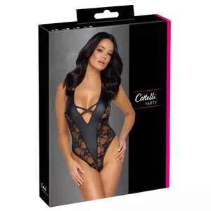 Body Cottelli Collection M black halterneck bodysuit with lace, high-cut legs, snap crotch