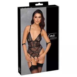 Боди бондаж cottelli collection L Black 26435021041 ouvert с подтяжками, эластичное цветочное кружево, съемная цепочка в шаге, регулируемые лямки
