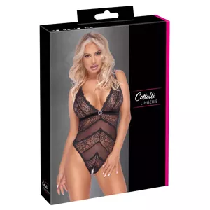Cottelli Collection crotchless body XL in black, powernet and floral lace, adjustable straps and hook closure, size XL