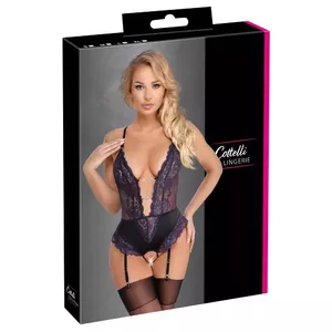 Cottelli Collection crotchless suspender body XL – black and purple lace, adjustable straps, chains, size XL
