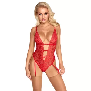 Kissable korsete‑bodi L/XL sarkana mežģīne ar regulējamām lencēm, āķa aizdare, 90% poliamīds 10% spandekss