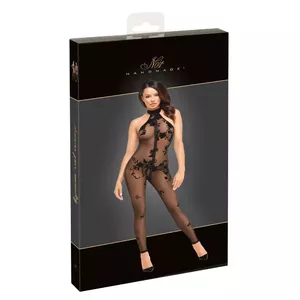 Catsuit-bodie Noir 27307661041 — открытые плечи, тянущийся сетчатый материал с бархатным флока́жем, длинные ноги, 86% полиэстер 14% эластан, 3-сторонняя молния