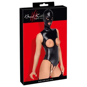 Body (crotchless) bad kitty 2XL Black vegan leather, sewn-on head mask, zip back, removable adjustable suspenders
