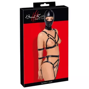 Bondage strap set Bad Kitty Strap+Mask Set M — vegan leather chest harness, crotchless thong, 4 arm cuffs, adjustable straps