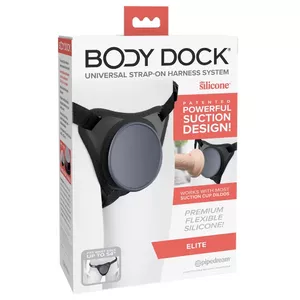 Strap-on josta Body Dock Elite Silicone melna — silikona dok-plate Ø 8,6 cm, gurnu apkārtmērs 61–137 cm