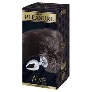 Anal plug Alive Black & White Fox Tail M — silicone-like zinc alloy plug 8 cm × Ø 3.4 cm with 37 cm synthetic fur tail
