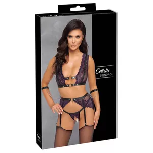Bondažas stila krūštura komplekts Cottelli Collection XL — bralete, zeķu josta, bezkājstarpes stringi, 2 aproces, melna mežģīne, izmērs XL