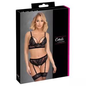 Apakšveļas komplekts Cottelli Collection Krūšturis un atvērtas biksītes XL melnas — mežģīnes, powernet, noņemami turētāji, regulējamas lencītes