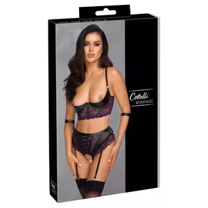 Quarter cup bondage lingerie set Cottelli Collection 85C/XL Black — longline bra, crotchless suspender briefs, 2 wrist cuffs, 90% polyamide/10% spandex