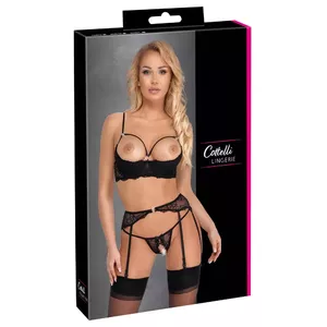Комплект Cottelli Collection из 3 частей: шёлф-бра, пояс с подтяжками, бесшовные трусики-вырез — 80B/M, чёрный