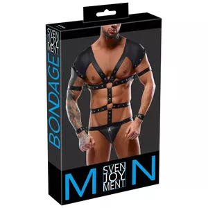 Мужской бодик-гарнитур Svenjoyment XL чёрный с 4 фиксаторами, регулируемая грудь и талия, молния на мешочке, 90% полиэстер 10% спандекс