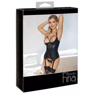 Suspender shirt set Abierta Fina Suspender shirt and crotchless thong 85B/L, underwired padded cups, detachable pearl necklaces