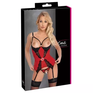 Kamisoles turētāju komplekts Cottelli Collection XL Red Cami 26330513051 — satīna demi krūzīte ar balkonu, stieplēm, regulējamas siksnas, atvērtas staras biksītes