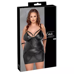 Платье cottelli collection Bondage 4XL — короткое прилегающее матовое чёрное платье со стропами, кольцами и наручниками, 90% полиэстер/10% спандекс
