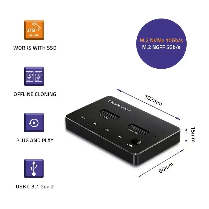 QOLTEC 52274 M.2 NVMe/SATA duālais SSD dokstacija USB‑C Photo 3