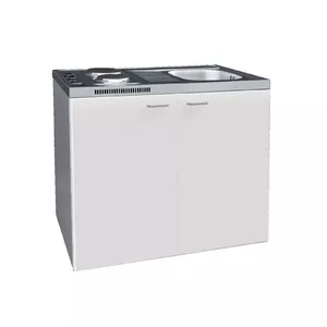 Mini virtuve PMK3HP05963001 kompakts virtuves bloks ar melamīna skapīti, nerūsējošā tērauda izlietni un čuguna plīti, 1000×600×845 mm