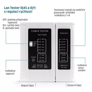 Kabeļu testeris W-STAR WS468WH — UTP tests RJ45/RJ11, Cat5e–Cat7, balts