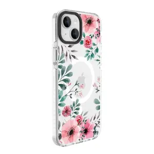Protective phone case Evelatus for iPhone 15 Plus — PC + TPU, MagSafe compatible, transparent with flower print