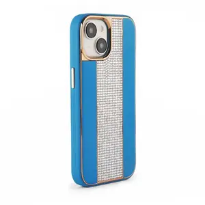 Smartphone case iLike iPhone 15 Diamonds and Leather Blue – protective leather back cover with decorative crystals