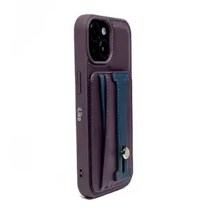 Ādas kabatas statīva vāciņš iLike priekš iPhone 15 Pro, violets — kabata un statīvs