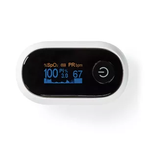Pulse oximeter Nedis BTHOX10WT — fingertip SpO2 and pulse monitor, battery‑powered (AAA), compact 63×31×32 mm