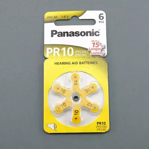 Panasonic pogveida baterijas indukcijas austiņām, 1 iepakojums (gab.) = 6 pogveida baterijas, kas piemērotas dzirdes aparātiem, kā arī indukcijas austiņām (piemēram, Imtradex: RS7/8, Sepura: LD5, Phonak) Praktiskā dozatora blisterī ir 6 atsevišķas cinka-gaisa dzirdes aparātu baterijas. (PR10/230H)