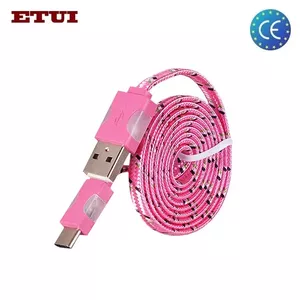 Etui Плоский 1m USB на Type-C Кабель данных и подзарядки из веревки с Led подсветкой Розовый