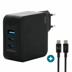 Charger Mobilis 100W 2USB C 1USBA GaN cable Black AC Indoor