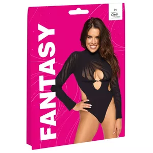 Боди-слип Fantasy by Cottelli Collection S-L чёрный — длинные рукава, стойка, полупрозрачный полосатый верх, вырезы, стразы