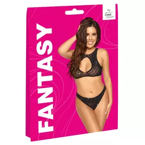 Apakšveļas komplekts Fantasy by Cottelli Collection S-L melns — krekliņš un stringi, elastīgs puscaurspīdīgs materiāls, kristālu rotājums, bezšuvju, 93% poliamīds 7% spandekss