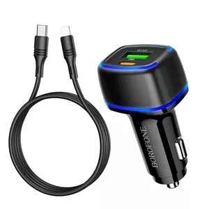 Borofone BZ14A auto lādētājs PD20W+QC3.0 ar 2 USB savienotājiem (ar vadu Type-C tipa uz Lightning) Black