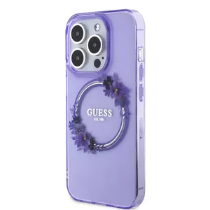 Чехол TPU GUESS для iPhone 15 Pro с MagSafe, глянцевый фиолетовый с цветочным рисунком и кольцом