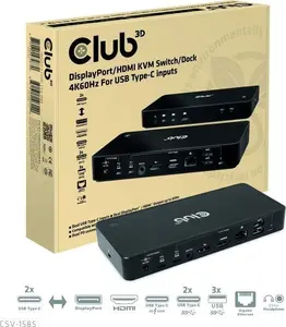 Club 3D CSV-1585 DisplayPort and HDMI KVM Switch and Dock for 2 USB Type-C Inputs supporting 4K at 60Hz with USB Ports and LAN