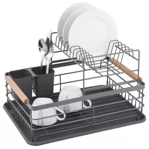 Two-Tier Dish Drying Rack, Steel-Plastic-Wood, Gray - KINGHoff