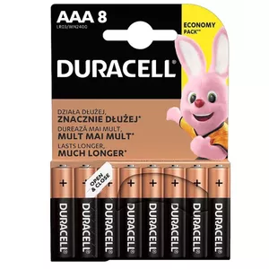 Alkaline AAA batteries Duracell Basic MN2400 — pack of 8, single‑use cells