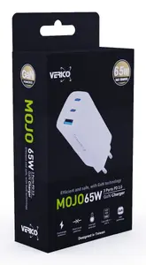 Lādētājs VERICO 4OJ-AAFWE1-N1 iekštelpu AC ātrā uzlāde portatīvajam datoram, viedtālrunim, planšetdatoram, balts, 100–240V, 2× USB-C, līdz 20V
