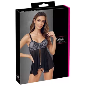 Negligee set Cottelli Collection Babydoll & Thong S Black — zip front, adjustable straps, crotchless, 90% polyester/10% spandex