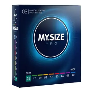 Prezervatīvi My.Size Pro 45 mm, 3 gab. — lateksa Vytex, garums 160 mm, sieniņas biezums 0.05 mm