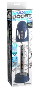Penis pump Pump Worx Transparent Max Boost Pro Flow — automatic suction, 8 modes, USB rechargeable, inner Ø 3–5.1 cm, insertion depth 19.1 cm