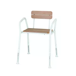Shower chair SUNDO PLS055 with backrest — wooden frame, adjustable height, seat 47×29 cm, max load 136 kg