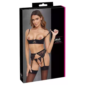 Комплект белья Cottelli Collection 75B: бюстгальтер-шельф, пояс с подтяжками и бесшовные трусики с разрезом, чёрный, кружево, размер 75B