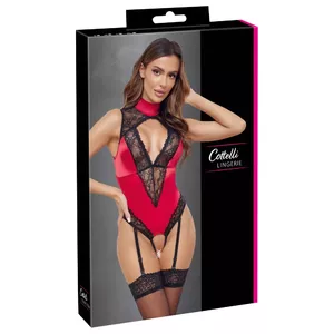 Body Cottelli Collection XL red satin with black lace, removable garter straps, size XL