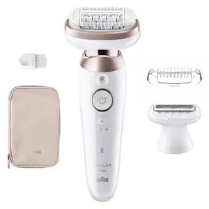 Epiliators BRAUN Silk-épil 9 Flex 9-030 — 40 MicroGrip pincetes, bezvadu, Wet & Dry, masāža, balts/rozā