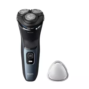 Electric Rotary Shaver Philips 3000 Series S3144/00 — 3-head, Wet & Dry, Li‑Ion Battery, Cordless, Built-in Trimmer, Black/Blue