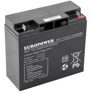 Герметичный AGM свинцово‑кислотный аккумулятор europower EP Series 12В 17А·ч — срок службы 6–9 лет