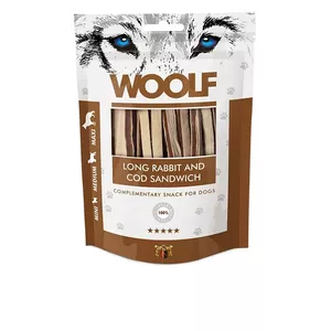 Kucēnu kārums WOOLF Long cod sandwich 100 g — zivju garšas košļājamais, monoproteīns, bez glutēna un sojas